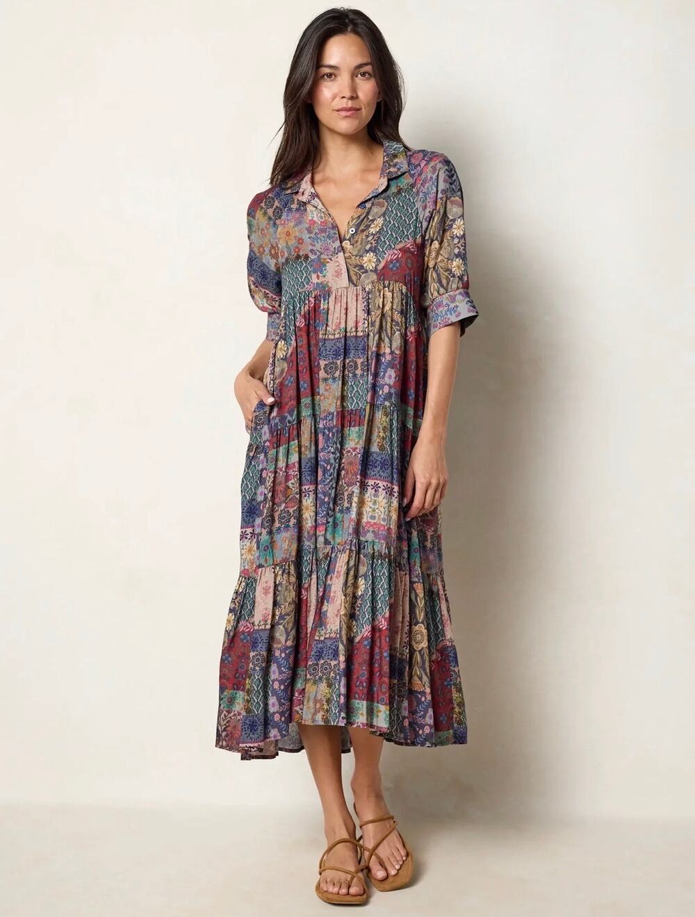 Natural Life Rebecca patchwork Tiered Midi Dress XS